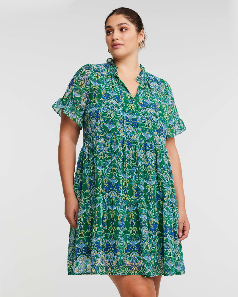 Front of a model wearing a size 18W MANDALA TIERED DRESS in PRINT by Estelle. | dia_product_style_image_id:302169